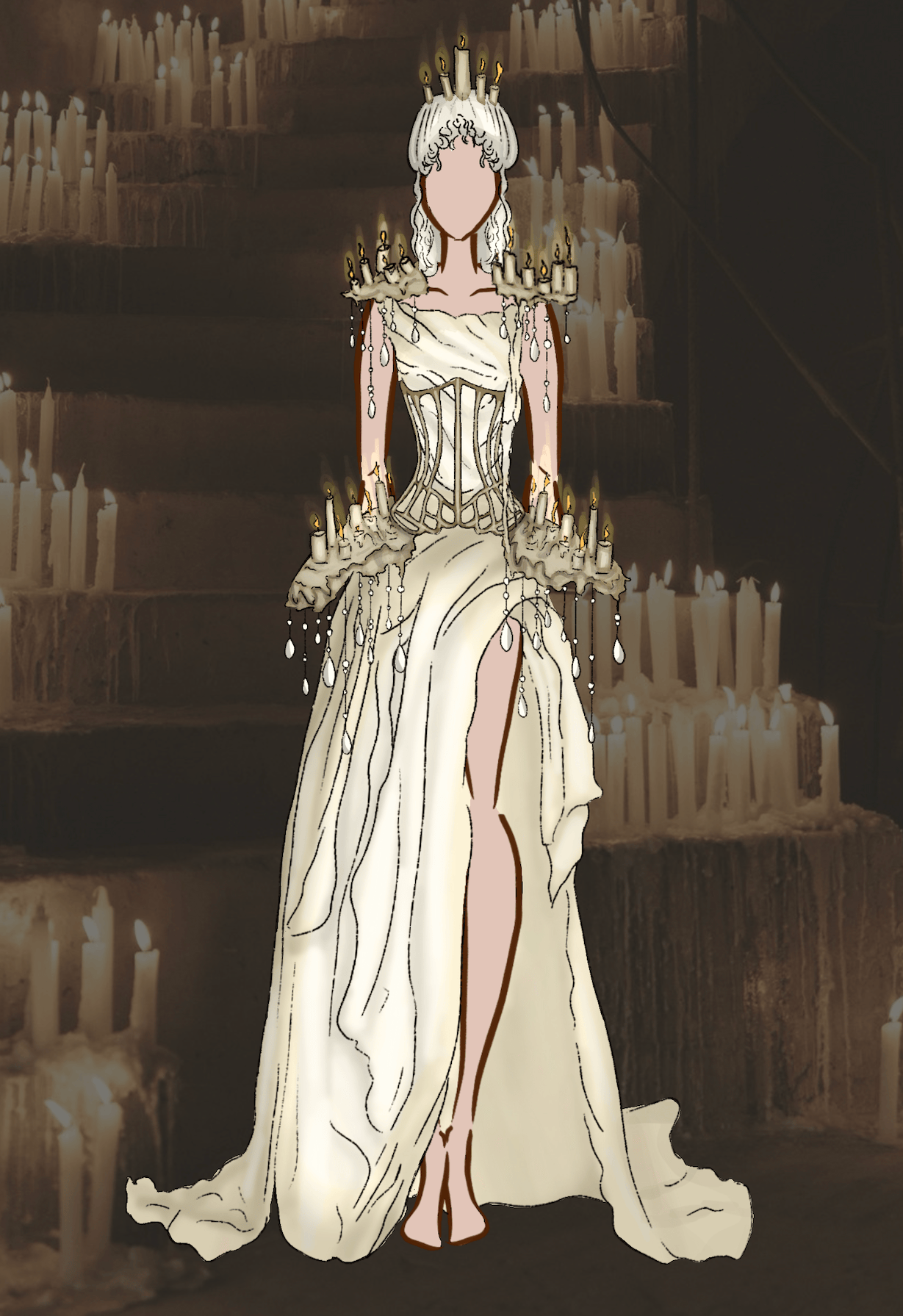 White dress with candle wax and flame accents.