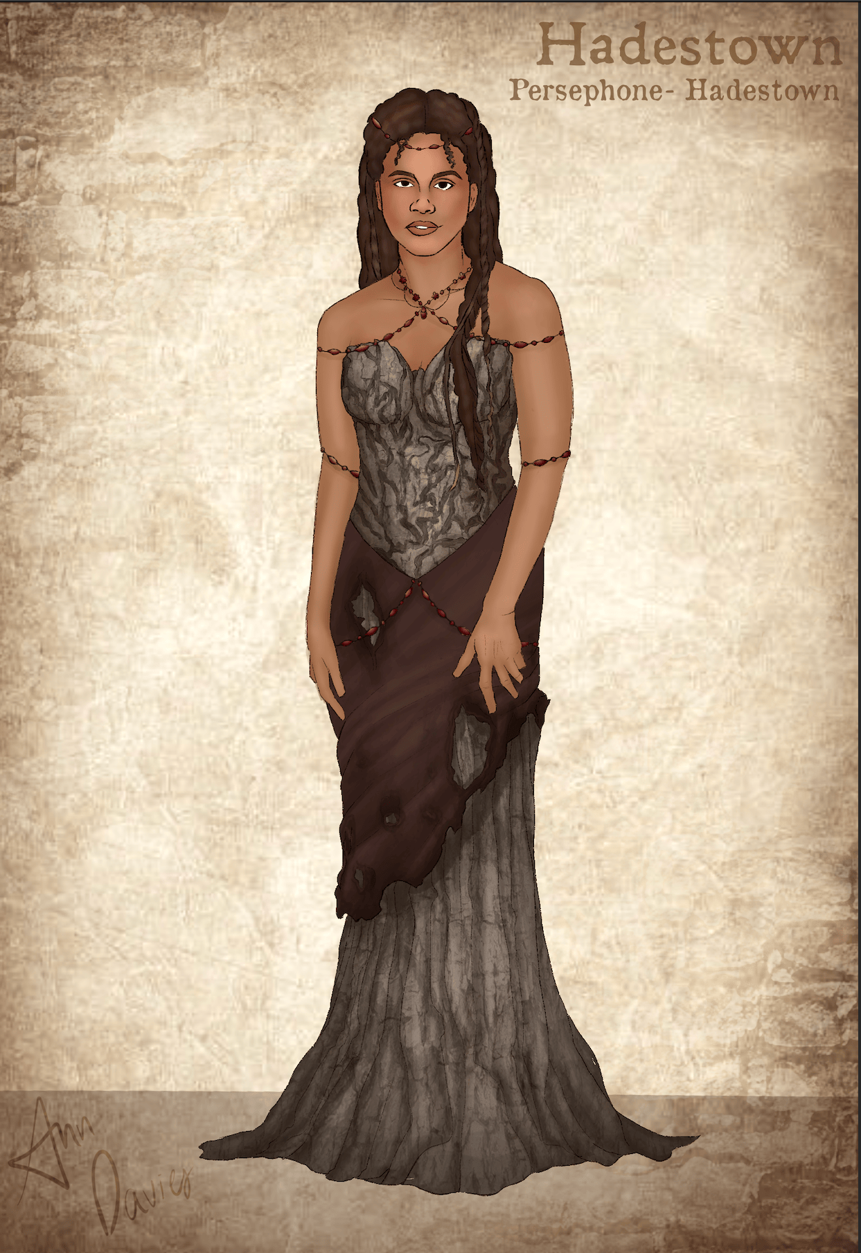 A costume design for Hadestown's Persephone in the Underworld