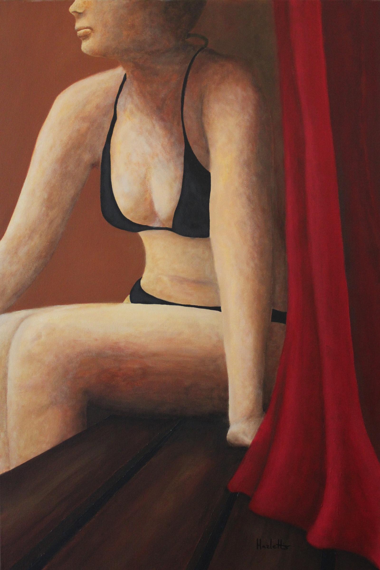 "Self-Portrait of a Lady in Waiting," belonging to "A Series of Corners," is a painting of a photograph that a woman took of herself. The woman is seated on the corner of two joining benches. Dressed in a bikini the woman shows herself as near nude, but yet she does not display herself in a sexual nature. My observation is that the woman appears in a "waiting" moment. The second half of the title "A Lady in Waiting," is a continuation of a play on words. A Lady in Waiting is often thought of as a Lady who attends royalty, but due to the solo presence of the woman, and her bent over posture, she waits for the one who will attend her. The photograph, being taken by the woman, is intriguing in that it is how she chose to represent herself. The boundaries of the painting (what you are able to see) are the same boundaries of the photograph, being that the woman chose to leave out half of her own head causing a gentle masking effect. The curtain on the right side is the only addition that was made to the picture. The curtain, often seen in full portrait style painting, reveals the Lady in Waiting