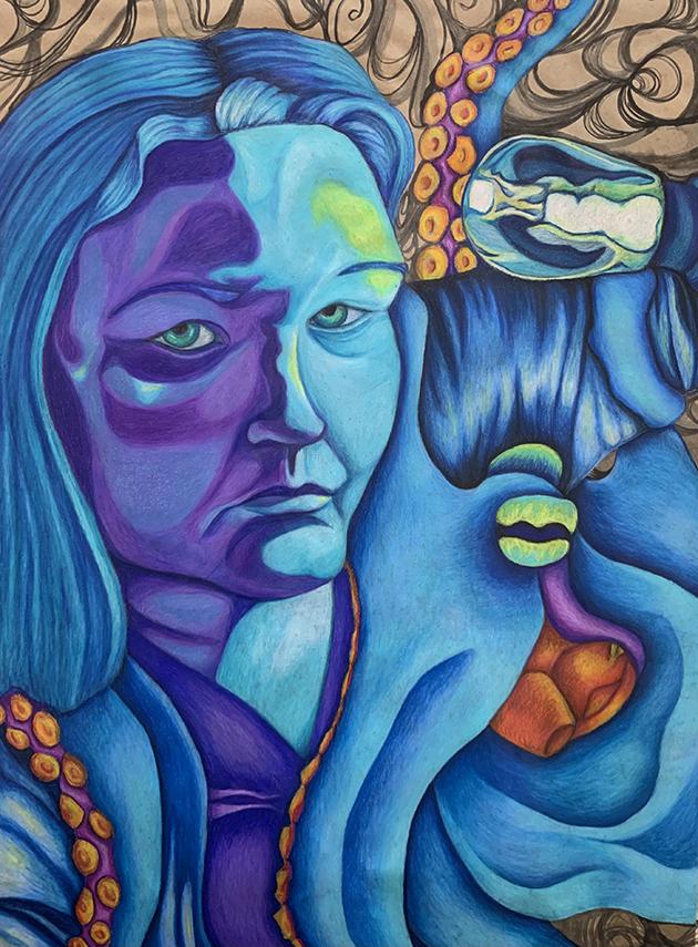 Mixed media with a focus on color pencil exploring color and contrast