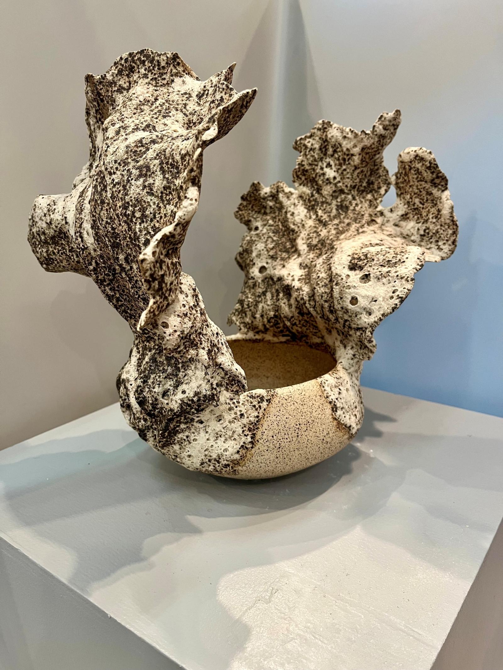 In this piece, I challenged the traditional ceramic vessel form, breaking away from familiar shapes to create something entirely new. The added flames and fragments of fire lift the work beyond conventional boundaries, giving it a sense of independence and a fresh, imaginative dimension. I also experimented with glazes, using my own unique formulas to transform the surface texture and color, adding another layer of depth and intrigue. This is a piece meant to be explored from all angles—360 degrees of discovery—revealing unexpected details and shifting perspectives with every turn. It’s an experiment in form, movement, texture, and the limitless possibilities of clay.