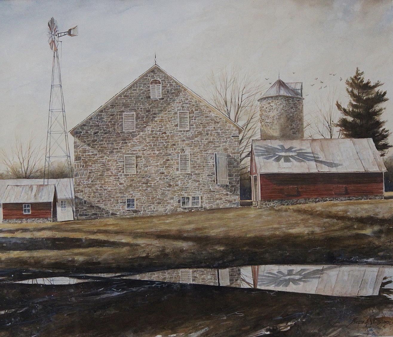 A fleeting moment of light on a stone barn creating unique shadows ,all reflected in the pond.