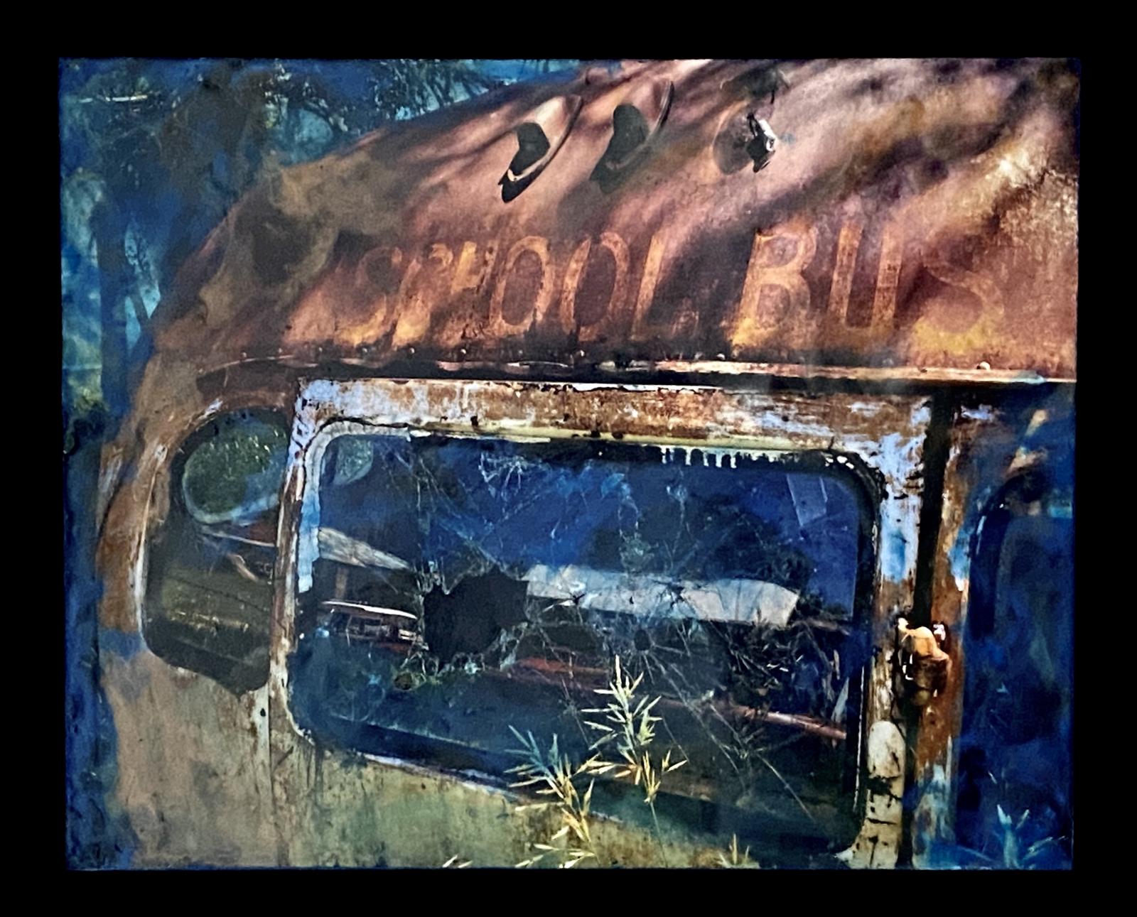 Digital photograph of abandoned school bus in Ardmore, SD, transformed with layers of fused beeswax, damar resin, mica powder pigments, and acrylic on wood panel