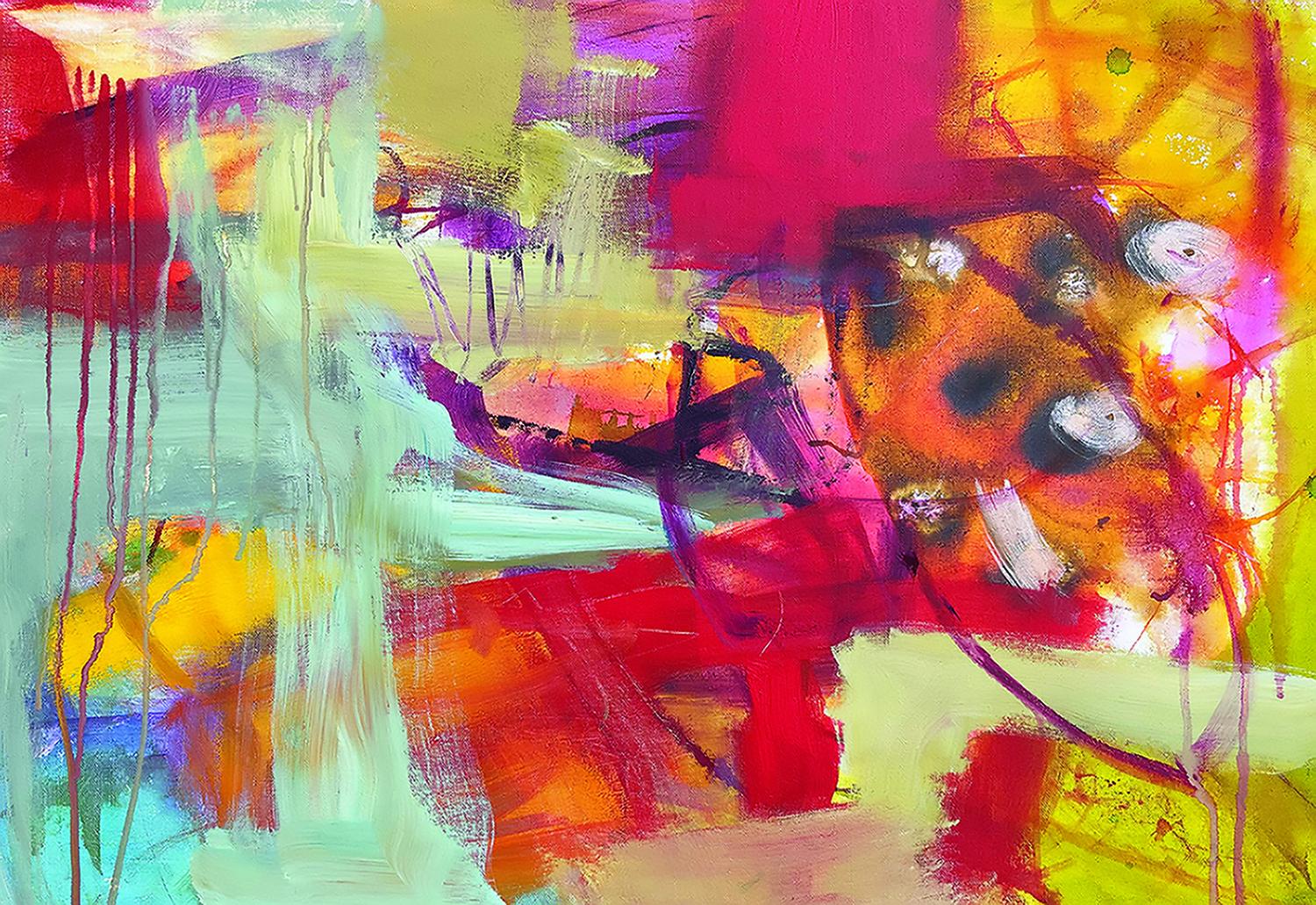 The background was done with liquid acrylic thinned into a wash allowing the texture of the canvas to show through. The top layers are done with heavy bodied acrylic.