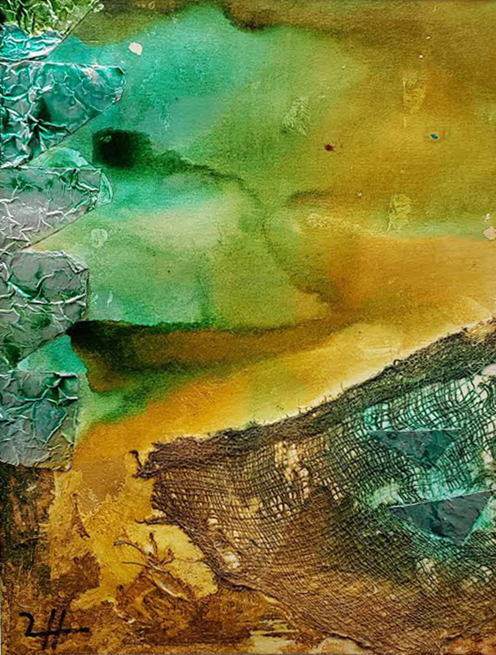 This is an abstract landscape/seascape produced as a highly textured acrylic mixed media painting.