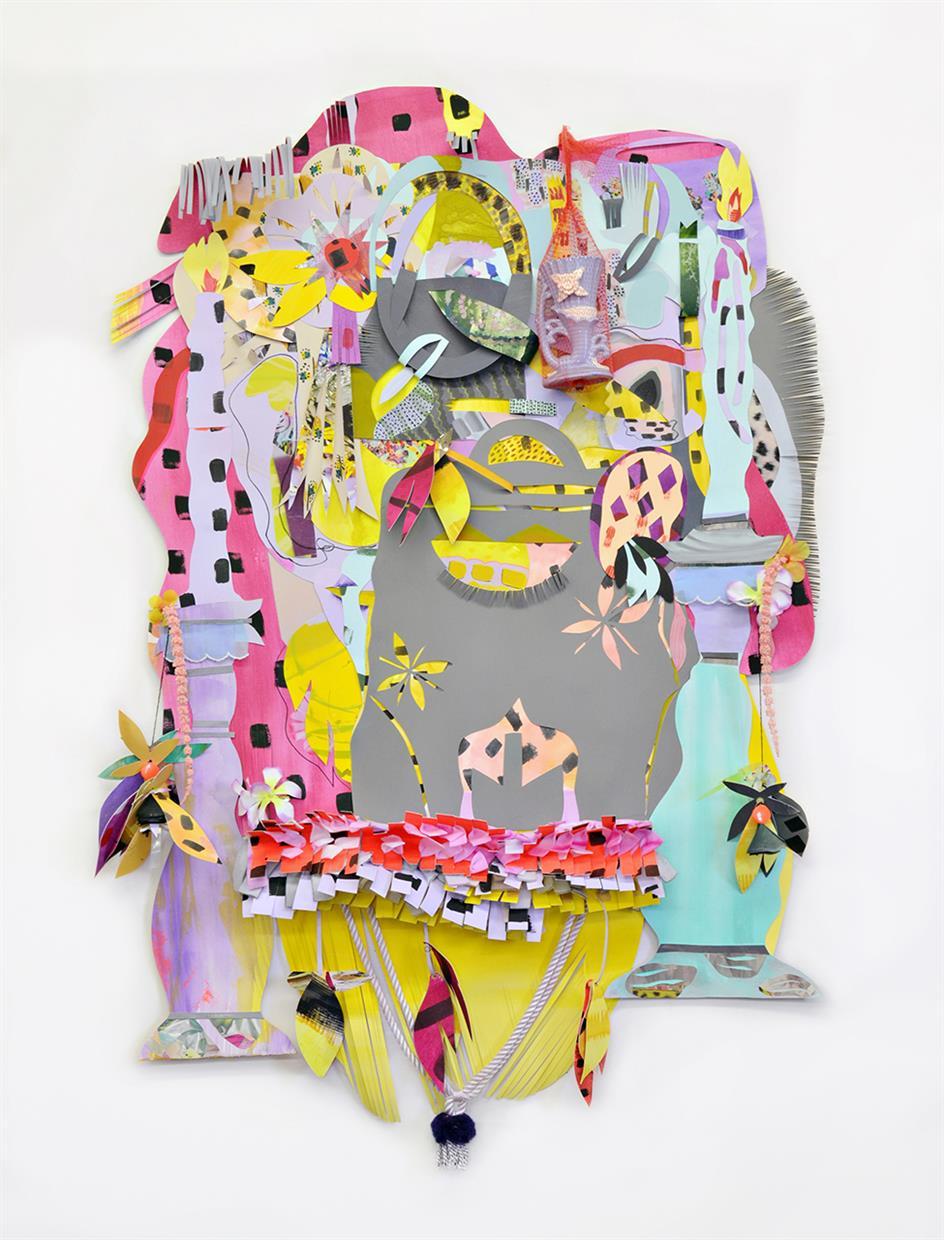 This piece utilizes painted and drawn elements, cutting and folding the paper, collage, and found objects.
