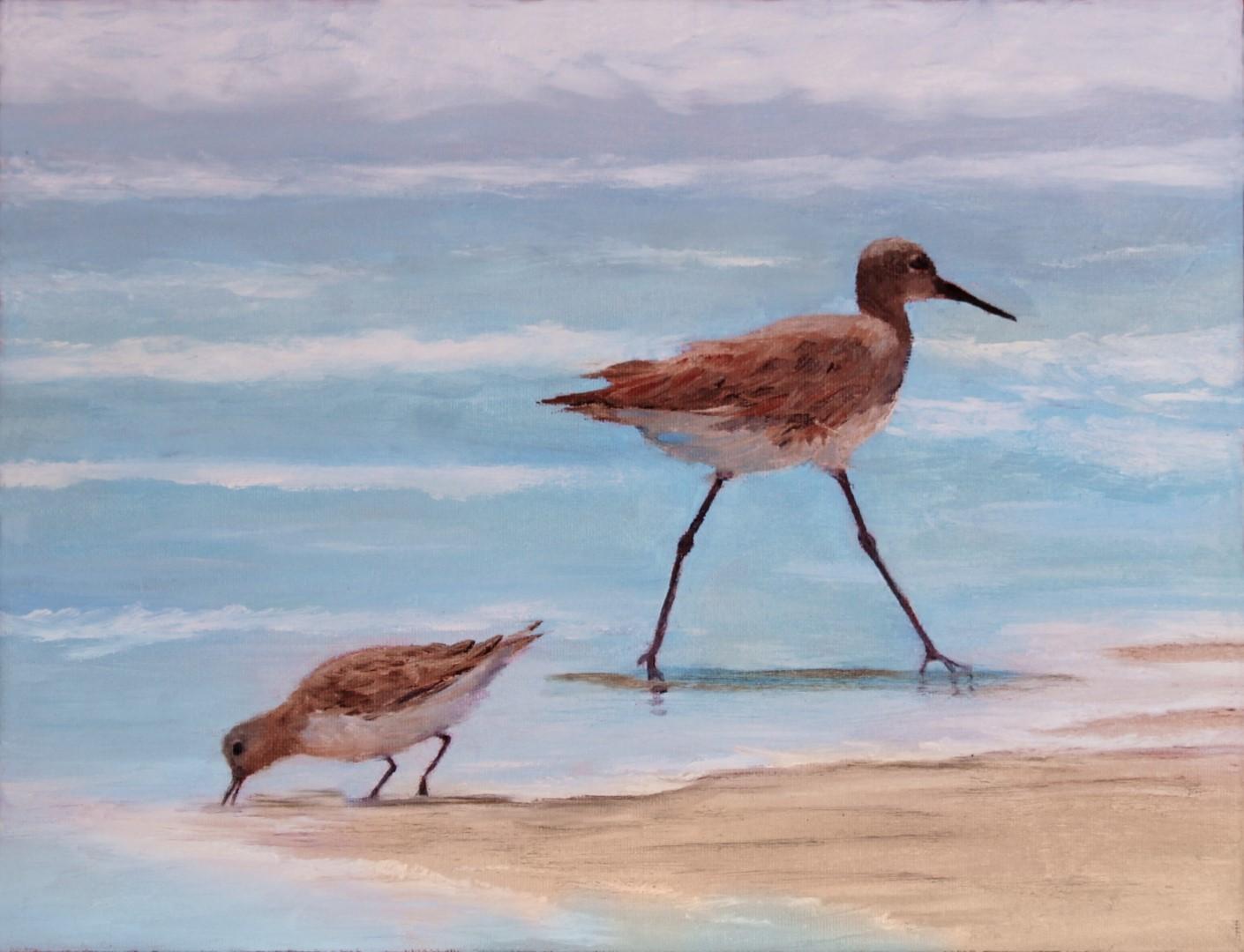 Oil Painting of a sandpiper and a sanderling foraging in the Assateague Island surf for breakfast. 14"x11"