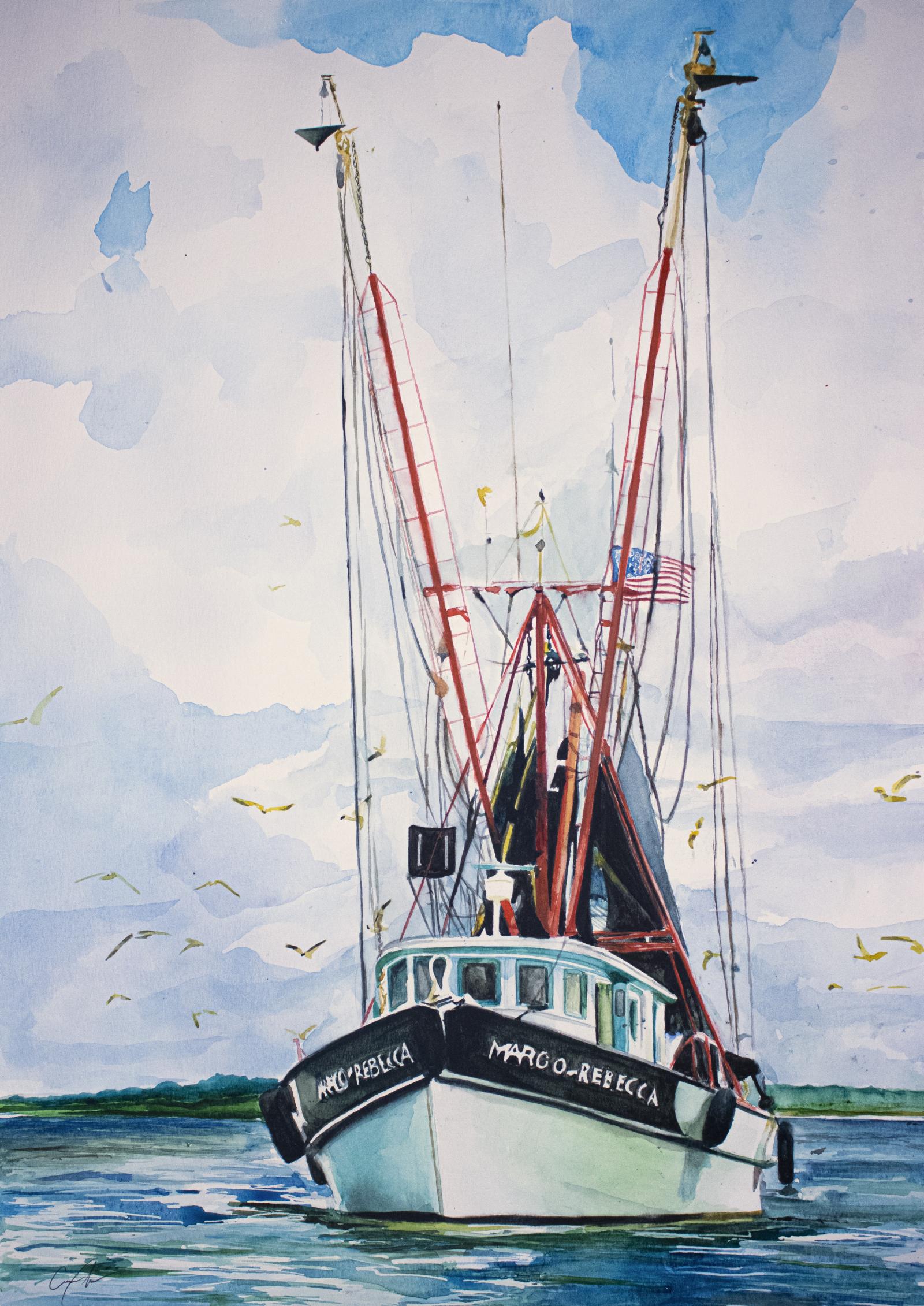 Original Watercolor of a Shrimp Boat in the Chesapeake Bay. A part of the "By the Bay" Collection 2022.