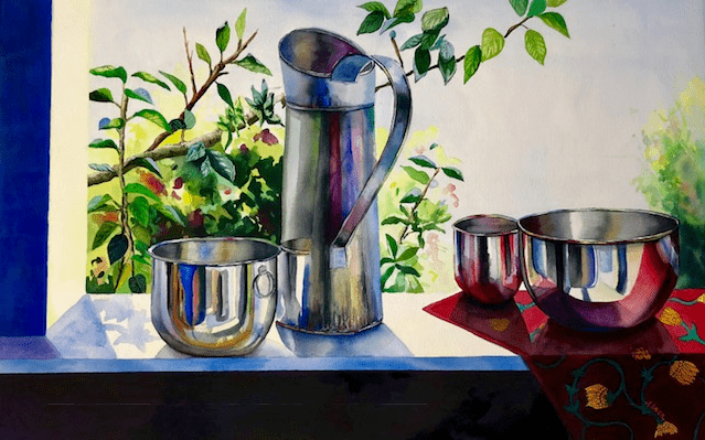 This is a large watercolor that explores the reflective quality of silver in a contemporary still life.