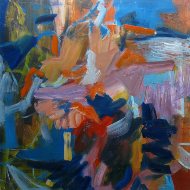 This abstract painting is created as a response to music, and the marks record movements that correspond to particular sounds. As the artist’s gestures and movements are recorded on canvas, the painter becomes a dancer in the process of creating this image.
