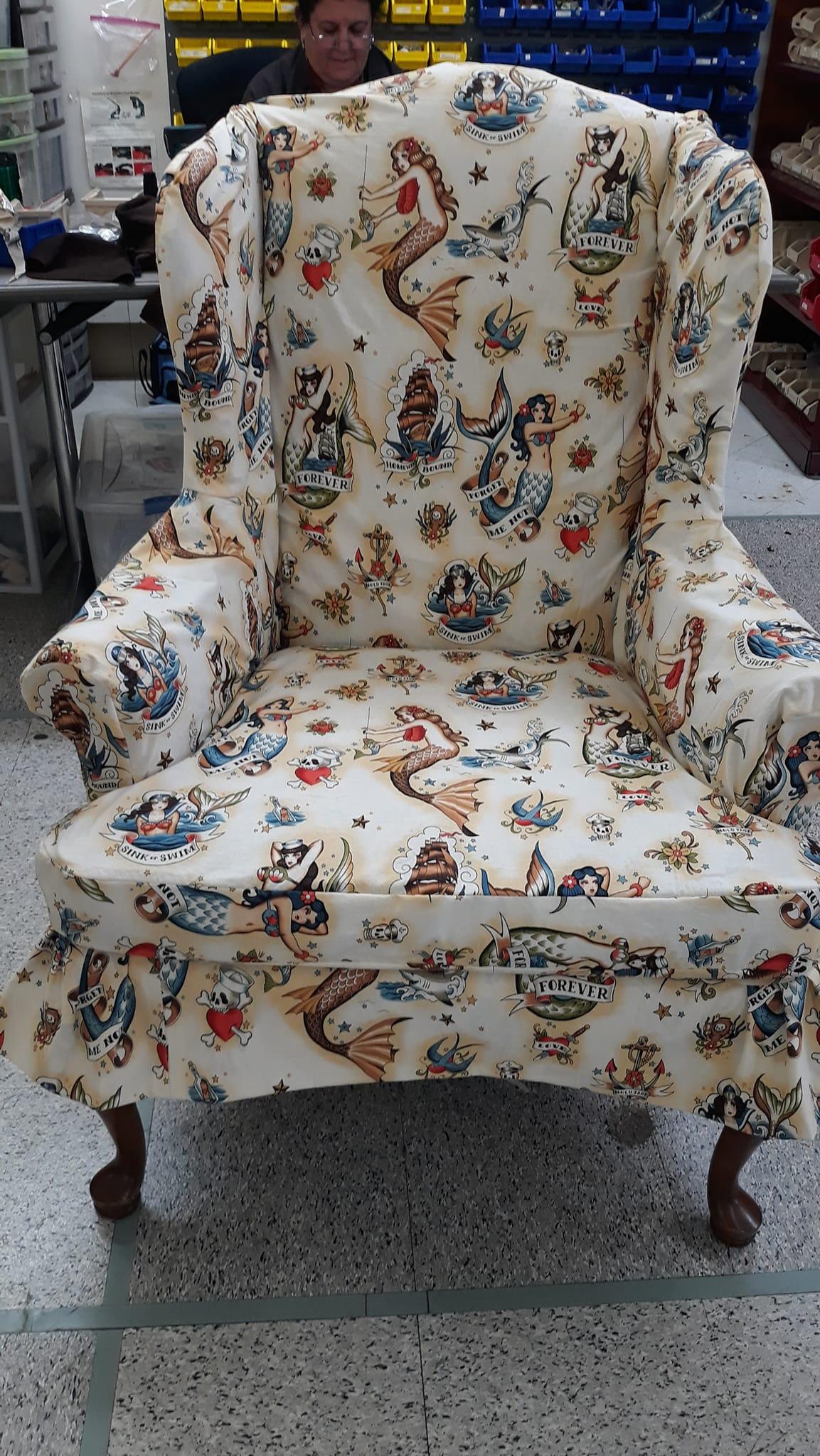 This is a picture of a set of 2 novelty wingback chair slipcovers that I did on commission for a client. She and her husband were looking for something fun and whimsical for their home.