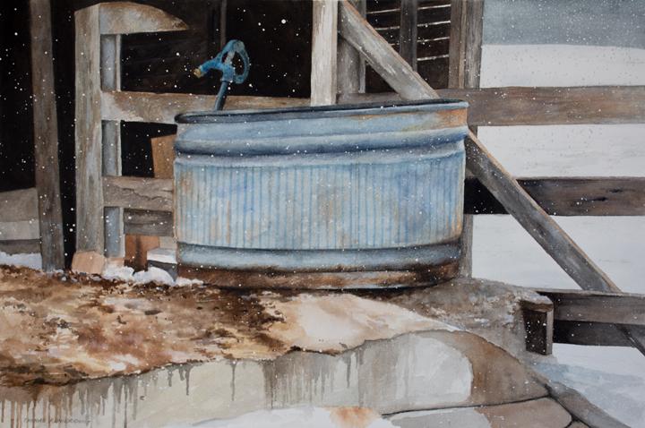 This is painting is of stock tank in a barnyard on a snowy day. The farm is located near Smithsburg, MD