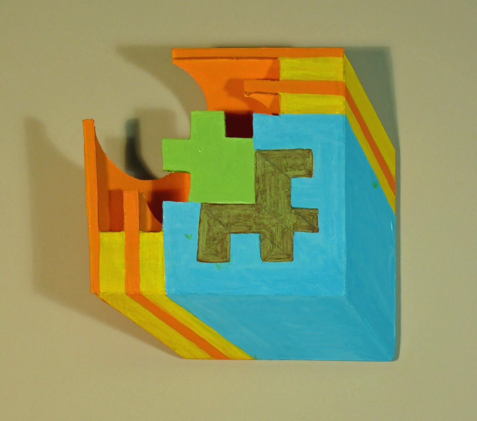 Acrylic paint on paper on foam core, wood wall hung sculpture