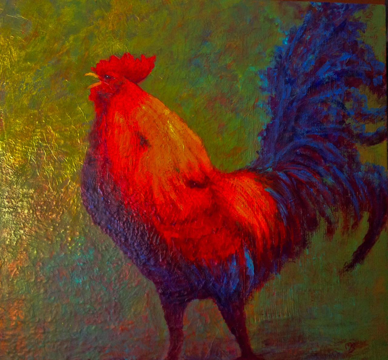 Portrait of a crowing rooster on textured background.