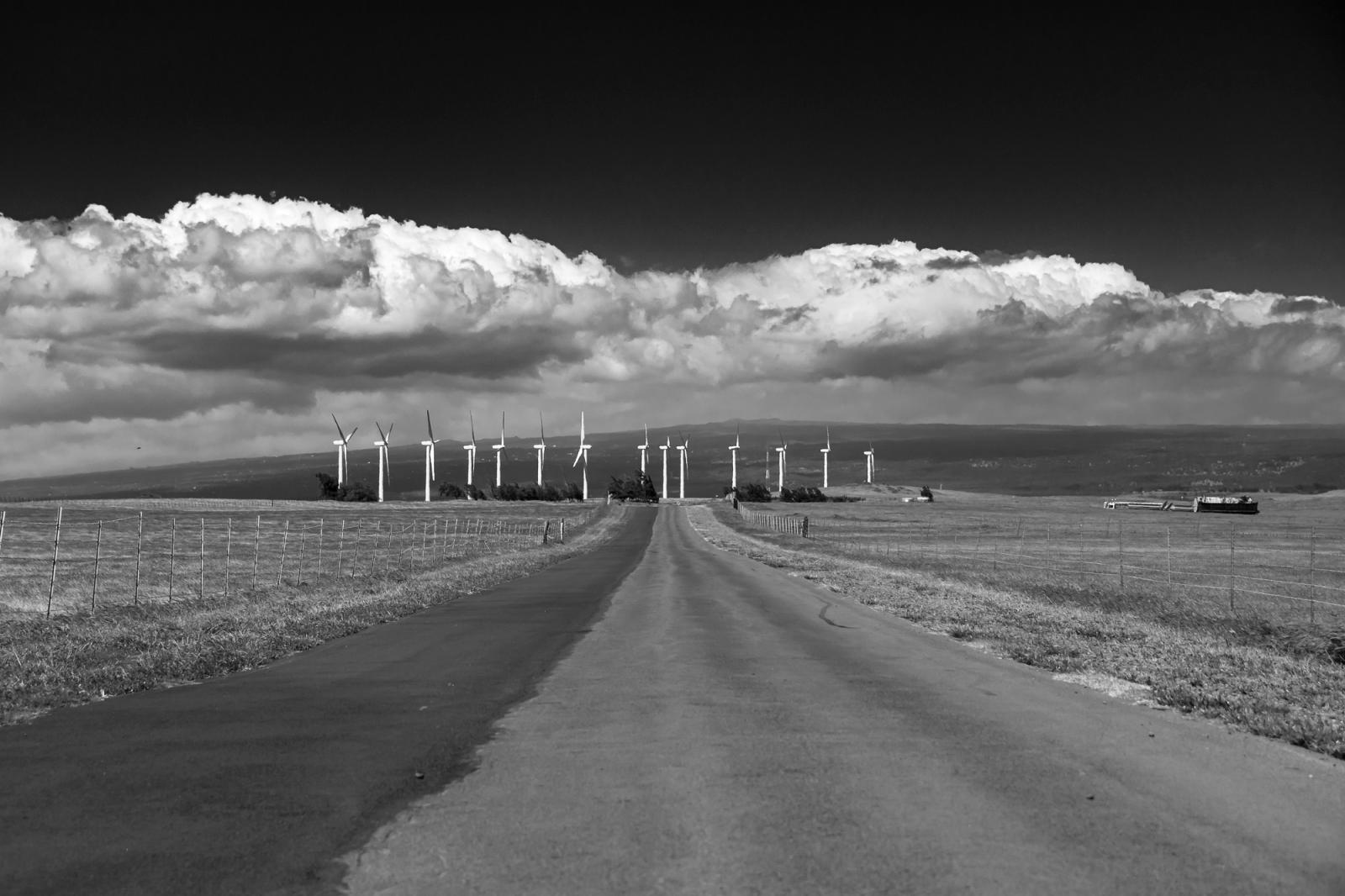 Black-and-white image of a remote wind farm at South Point, Hawaii