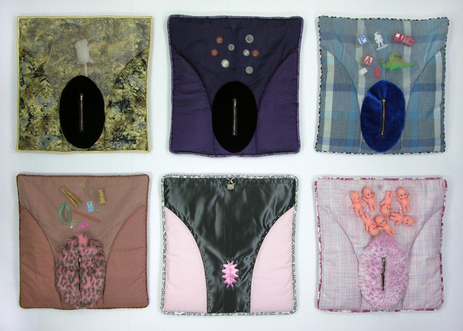 Fiber, zippers, found objects, coins (in six panels): (from left to right) Mouse Trap, Loose Change, Toy Box, Catch All, Chastity Belt, Incubator