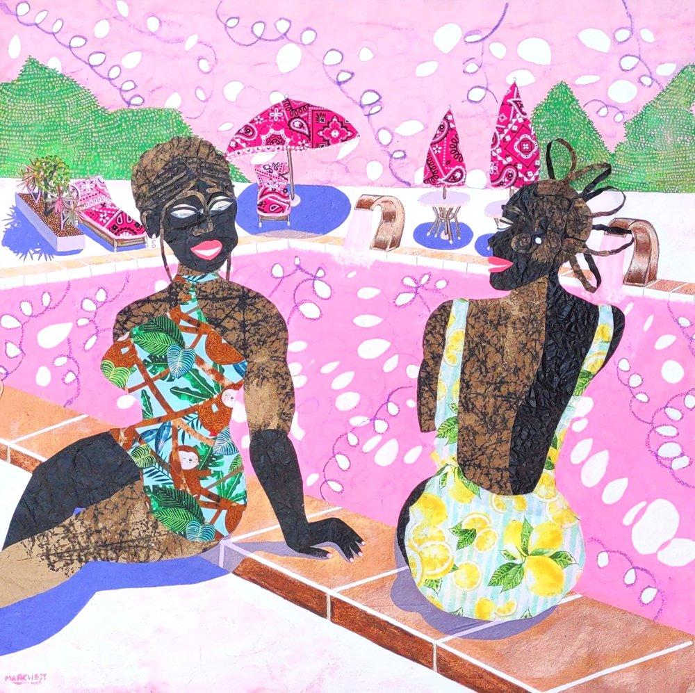 Splash
acrylic, fabric, spray paint, paper bags 30x30in, 2022
This painting provides a peaceful moment between two women lounging by the pool, enjoying each other. This was painted during my travels to Brazil and influenced in part by the many Black people you see enjoying life.