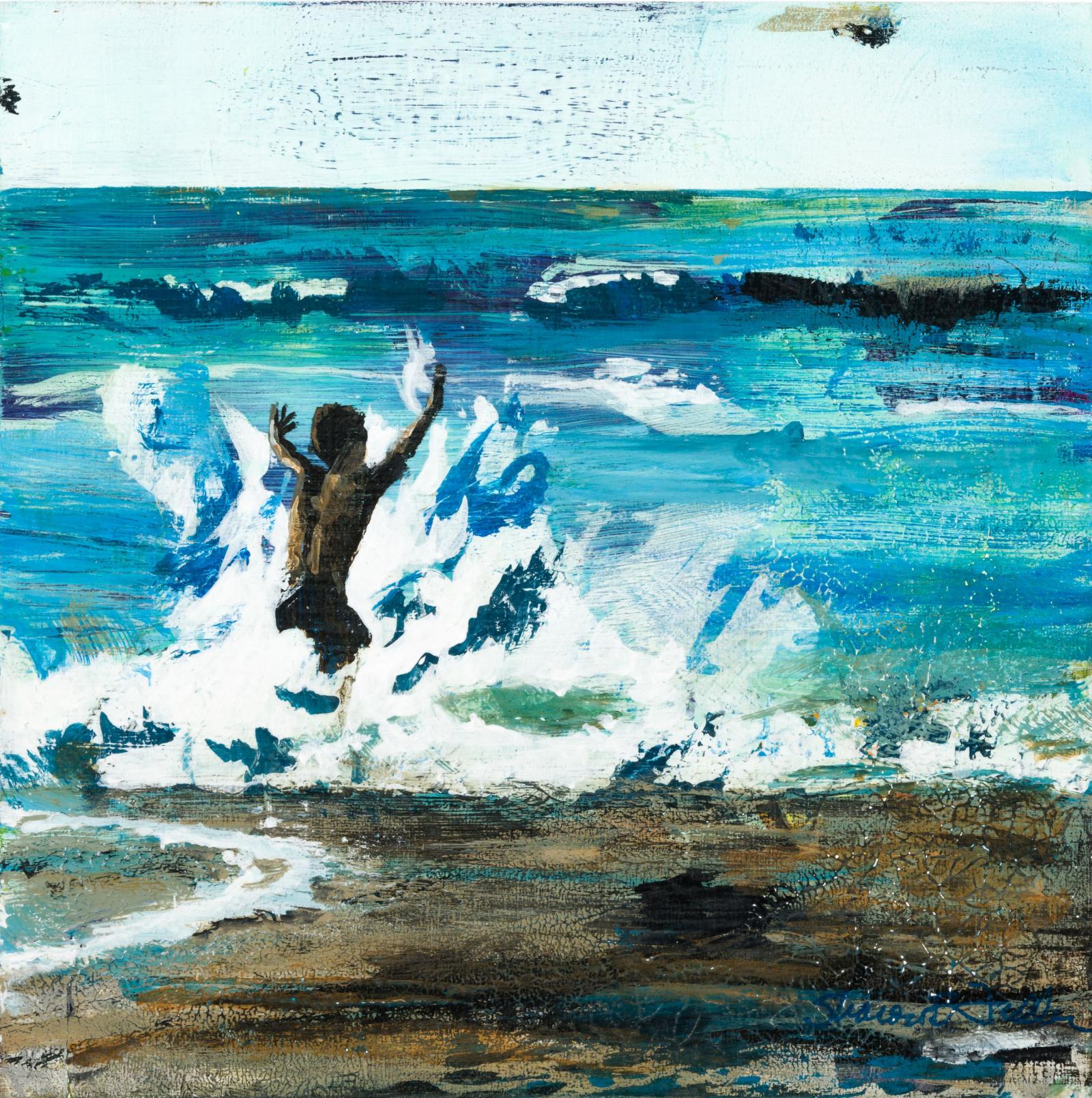 Textural layers of waves and beach highlighted by a boy running into the water.
