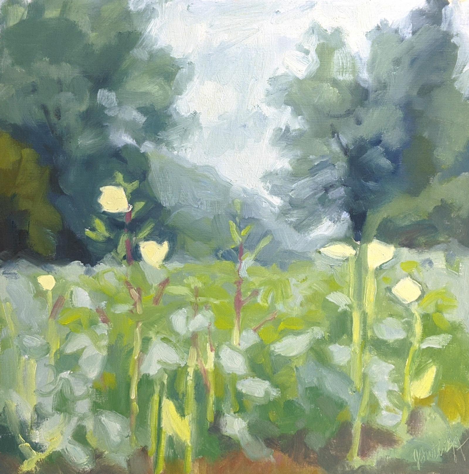 I painted this in the midst of the community gardens in nearby County Home Park, Maryland. The lemon-yellow squash flowers and lime-bright leaves and stems made a lovely duet with the smoky blue of the background trees and sky.