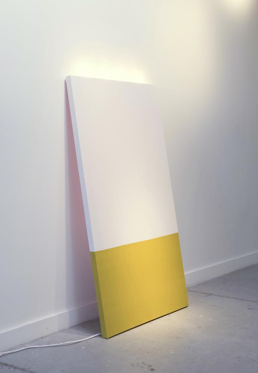 Linen is hand-dyed using MX and soda ash. The fabric is sewn together to reference the painted line and then stretched over a stretcher bar. The back of the piece is pink which reflects onto the wall. Lights along the top edge are very bright and create an after-image effect. 