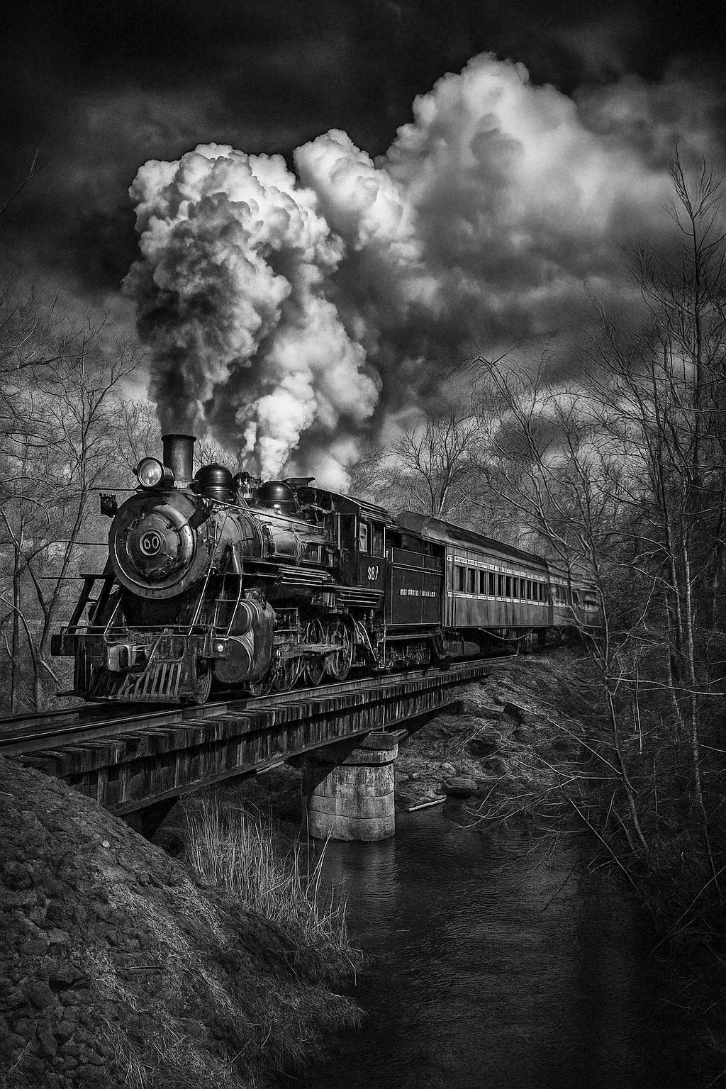 Black-and-white photograph captures the raw majesty of Steam Engine No. 90 as it powers across a steel bridge in rural Pennsylvania. Billowing plumes of smoke rise dramatically into a textured winter sky, their swirling forms echoing the locomotive’s strength and rhythm. Bare trees line the creek below, their stark silhouettes framing the timeless contrast between nature and industry.