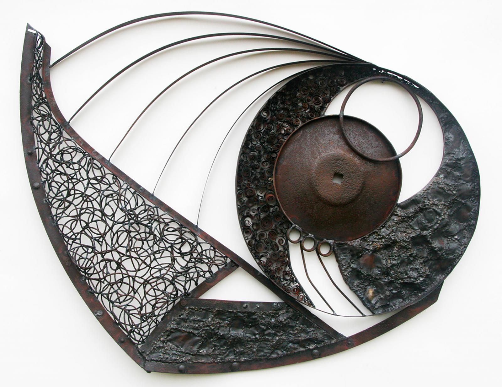 Steel Squall is drawn from the power of nature.
It embodies a sense of wind, sea and an impending storm. The piece uses textures that are layered to create both lightness and density and the shapes that emerge are bold and forceful.