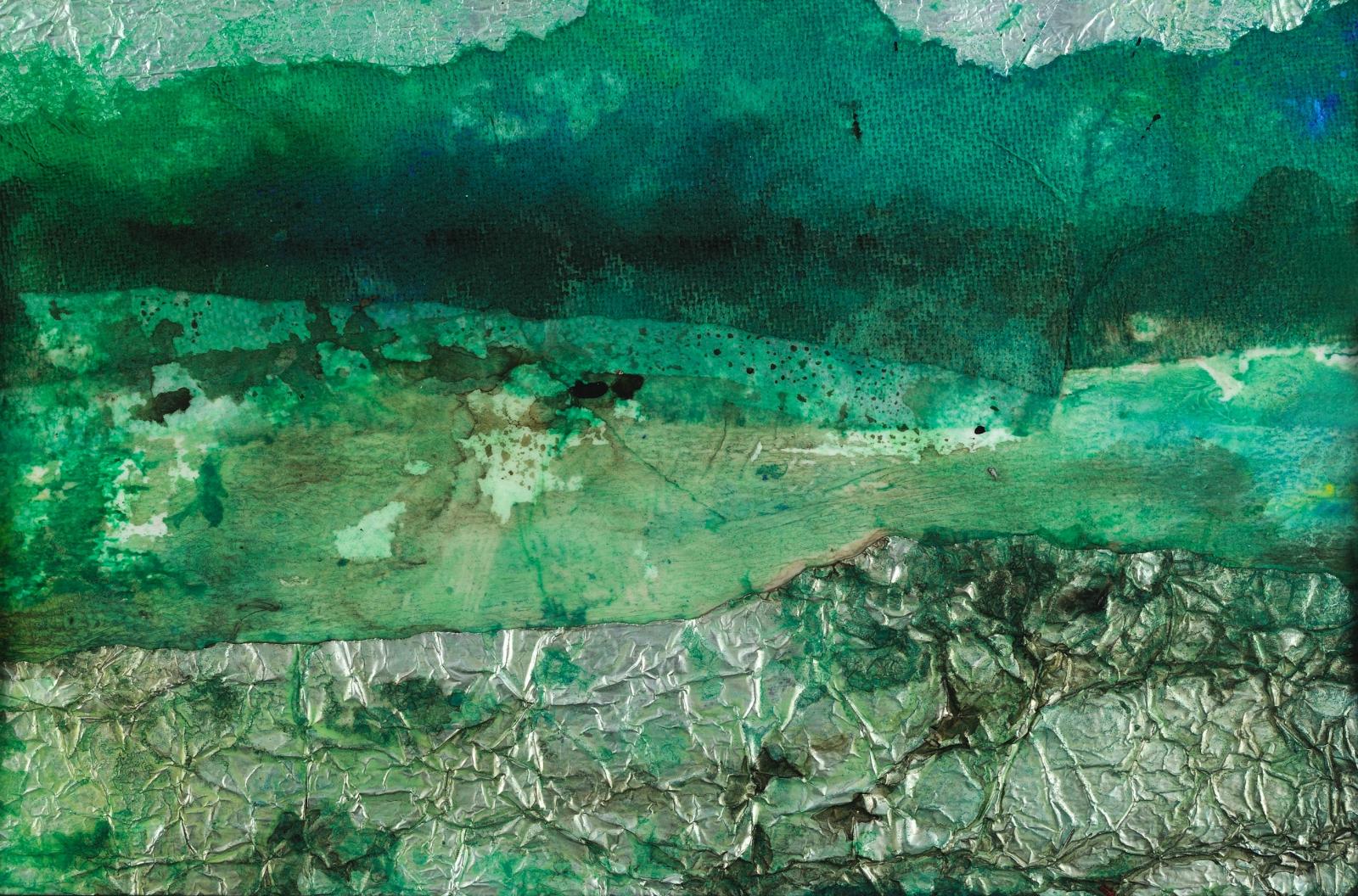 Green predominates in this highly-textured landscape depicting a mountain scene. Original has SOLD but prints are available.