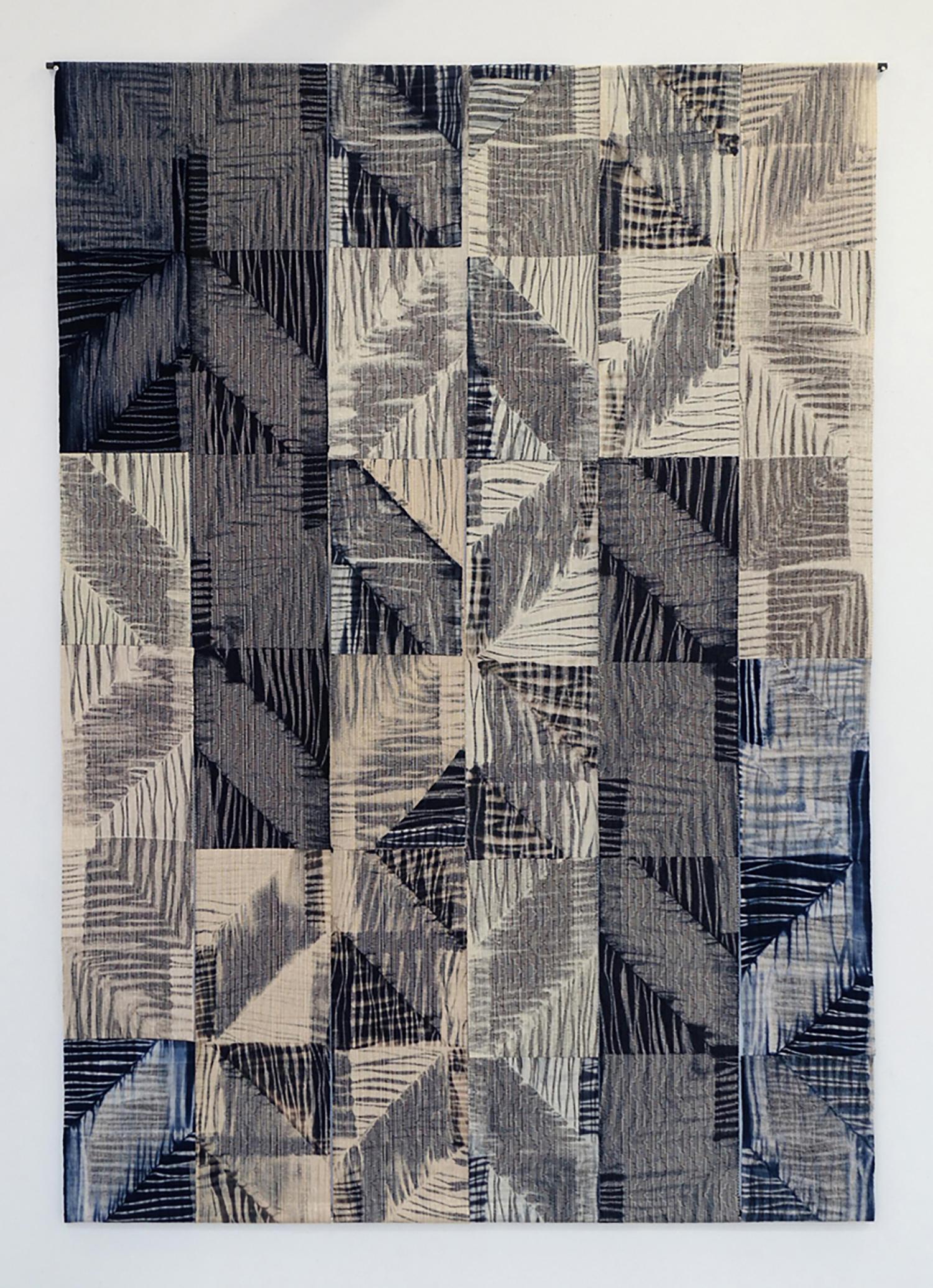 Textile: Handweaving, Cotton Warp, Cotton Weft
Shibori Resist Dyeing, Sewing