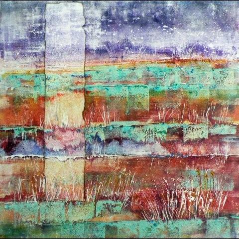 Monotype with pure pigments, enhanced with colored pencil, collage, watercolor and acrylic.