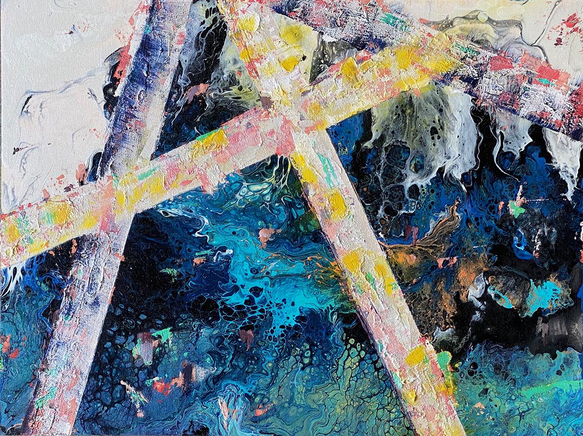 Mixed Media
18x24 inches on Wood Panel
Multi-Directional painting, meaning it is meant to be hung in any direction whether vertical or horizontal to give an additional perspective within the concept