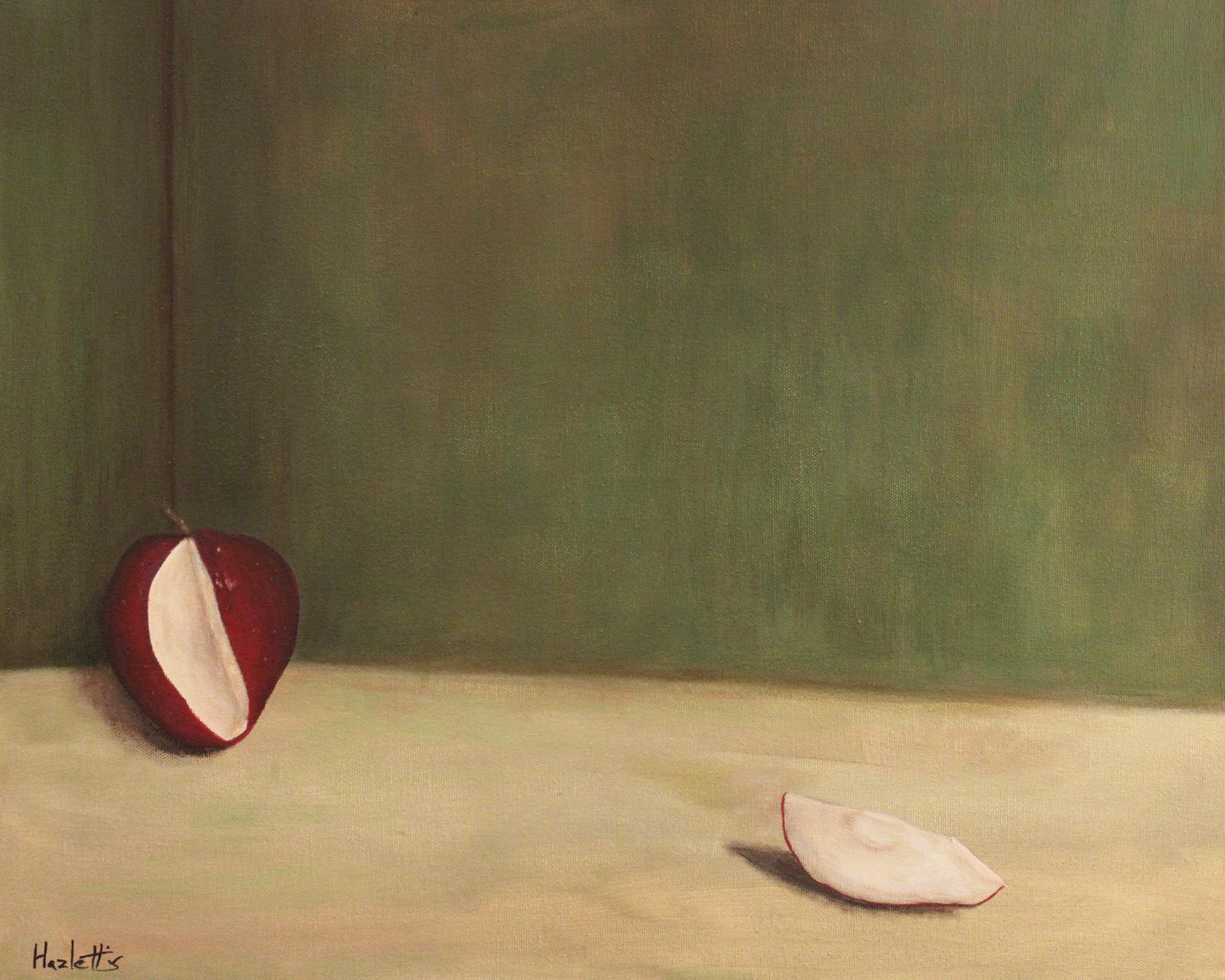 Still Life-Apple is the second addition to the Series of Corners after The Persistence of Man. Once The Persistence of Man was made, I started processing what it was that I had created, and determined that it was beyond me to immediately understand, and that careful consideration was needed when examining the painting. With much eagerness to proceed with the next painting in line in this new approach, Still Life-Apple was a way to take a step back after taking a large step forward of a whole new approach to painting, and calm the creative process down to the point that I could make sense of what it was I was after. 

Still Life-Apple consists of one apple with a slice cut off that sits away from the core, and both are positioned into a corner. Traditional features of still life paintings often show a wealth of exotic fruits, wines, and objects suggesting a person's position in society, but these details play no part in this still life. The Apple, being cut into two, shows movement and decision making of placement on the artists behalf, but above all it was the turning back to simplicity as being the purpose of the apple to better understand a new representational approach.
