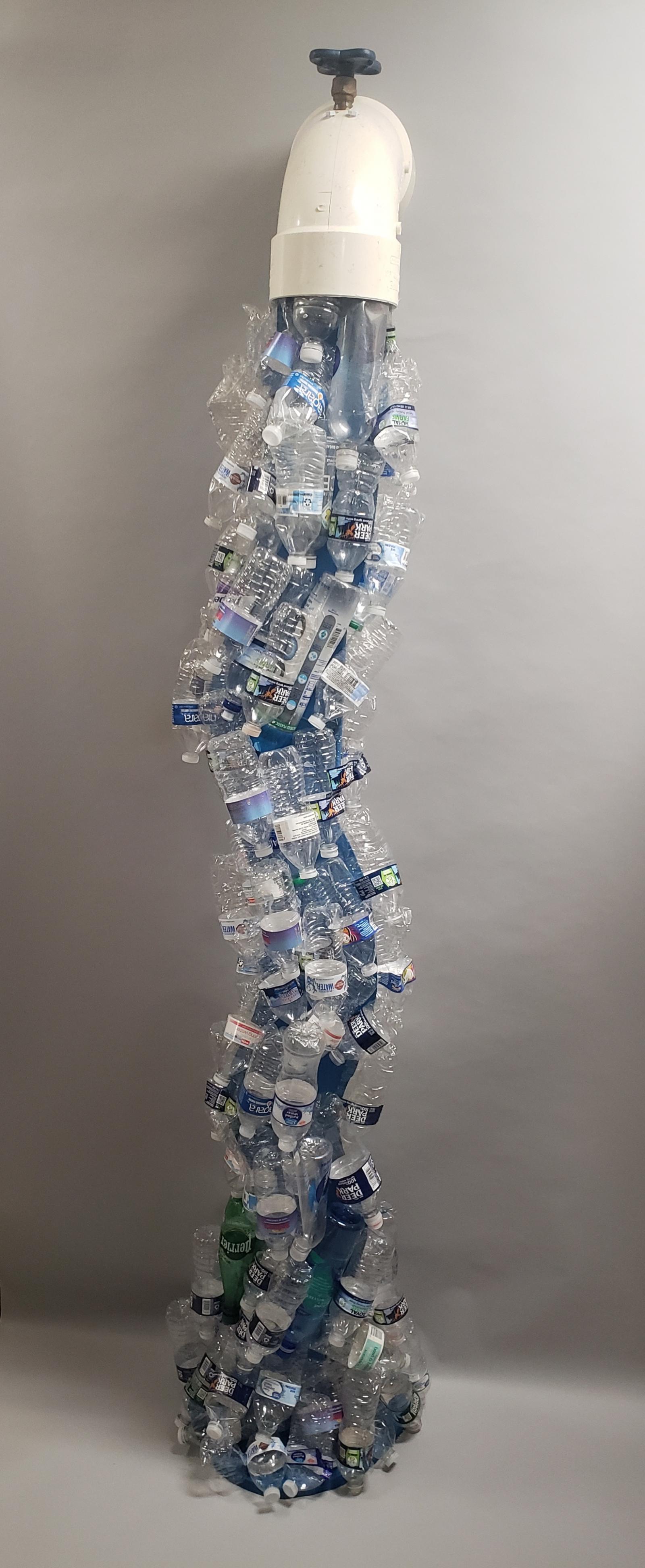 A surrealistic spigot spews a visual representation of humanity's plastic water bottle overuse.