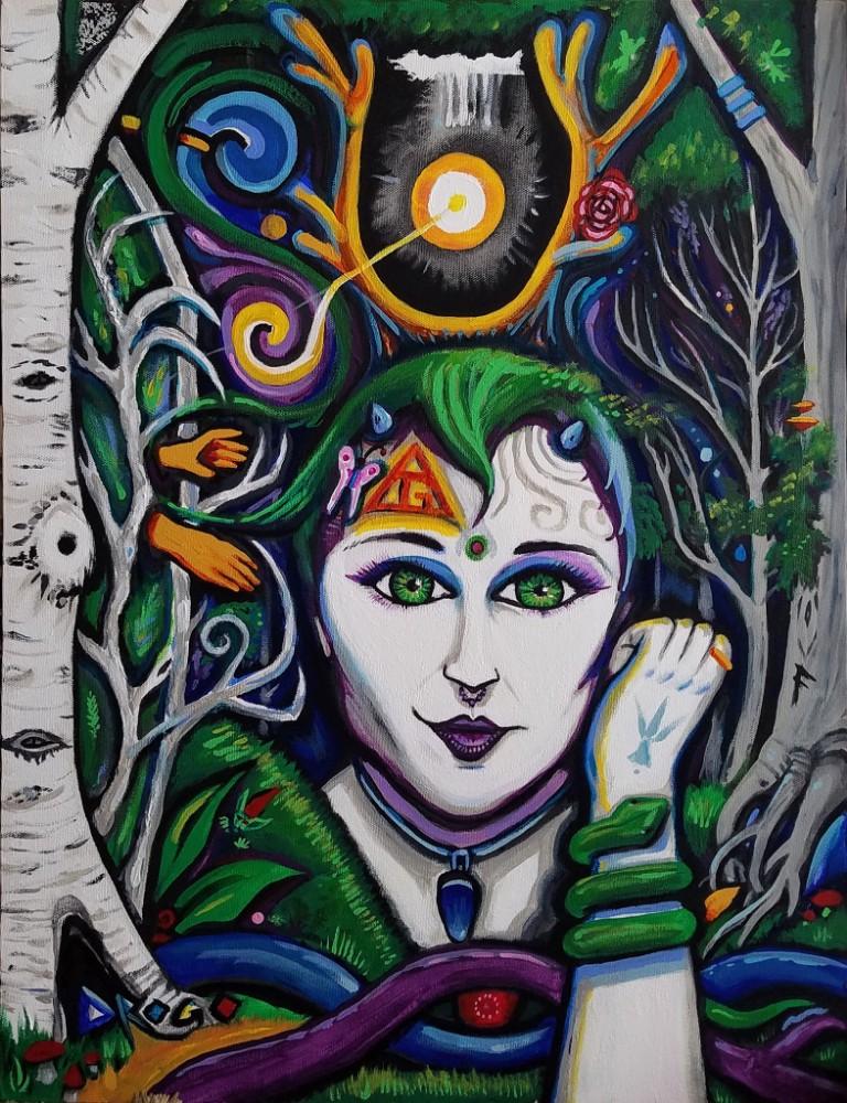 The face of a horned woodland woman between a birch and a beech tree, a spirit of nature she peers out and sees you! Behind her the Moon pours down between two branches like golden horns.