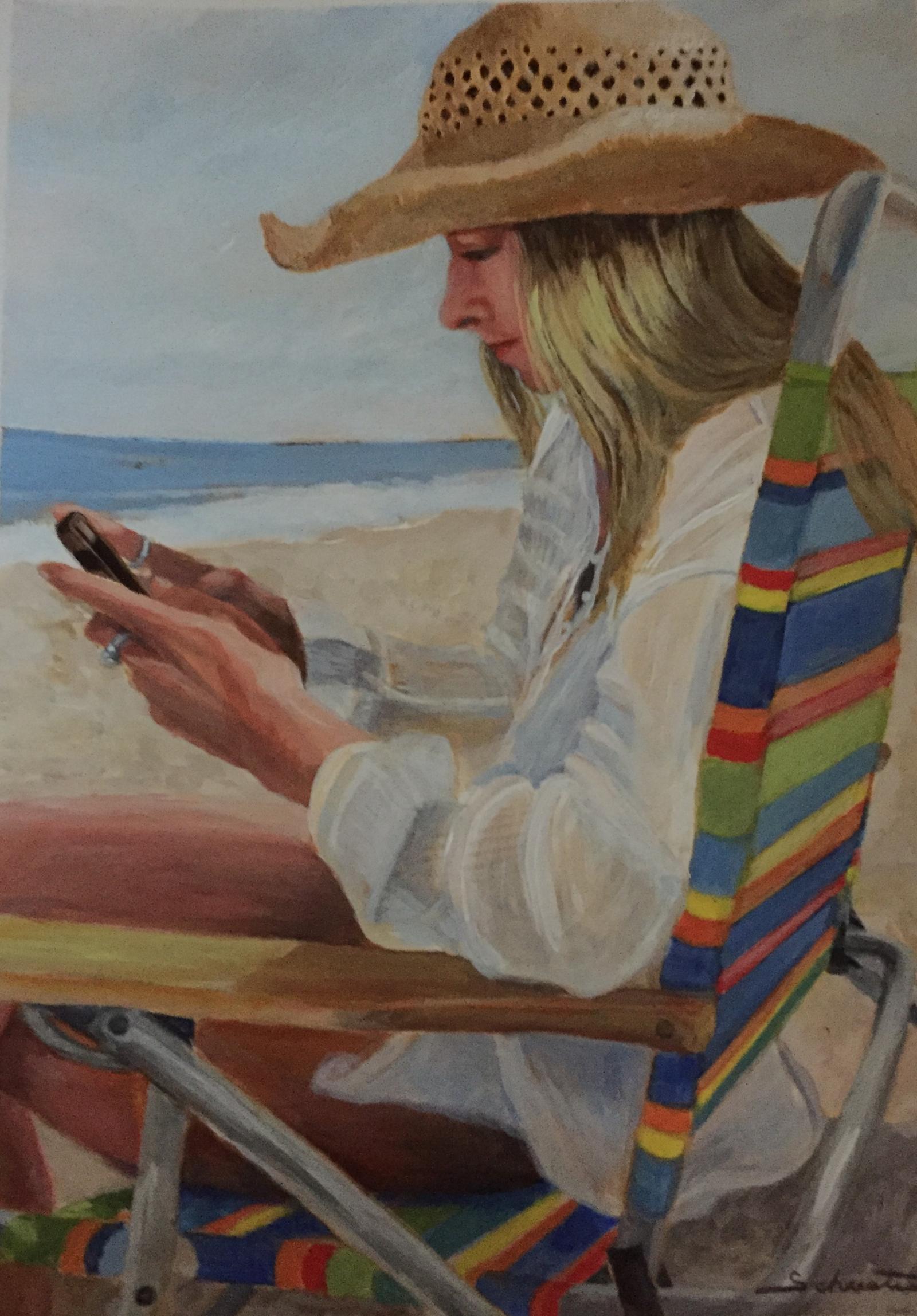 Painting of a girl in a straw hat texting on the beach