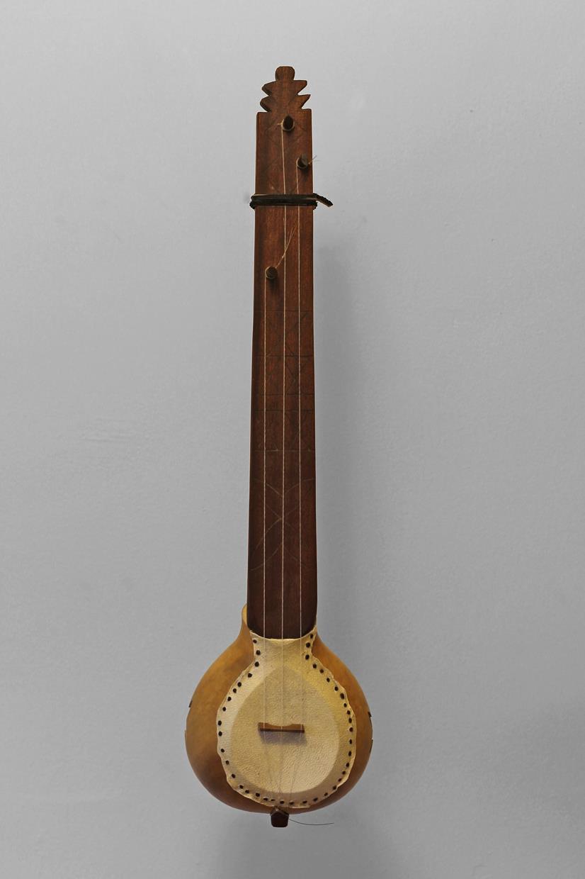 Based on historical research-image and written descriptions.Parts made entirely from scratch, cut, shaped and fit using hand tools and techniques available in the 17th century. Goat skin soaked, stretched over opening in gourd, and affixed with hand cut wooden tacks. Strings woven from horsehair.