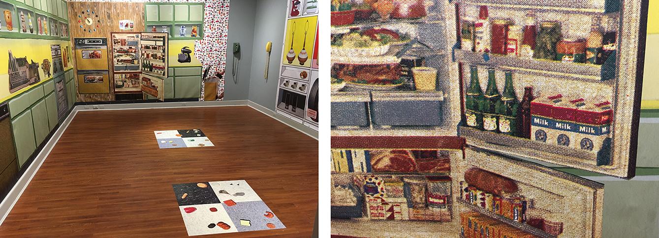 (left) Early Sunday Morning in the Kitchen, 2018, mixed media work printed on vinyl, 115" x 376" with Unswept Floor I and II, vinyl floor print, 36” x 36” each. Right: Detail view