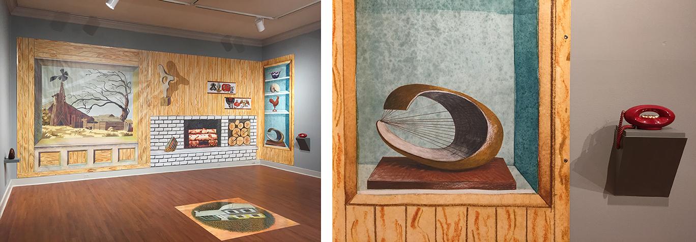 left) Picture Window Looking West, 115" x 115", and (right) Mod-Style Hearth, 115" x 184", 2018, mixed media works printed on vinyl with found object (red Genie phone). (foreground) Shag Lawn, vinyl floor print, 50” x 50”. At right: detail view.