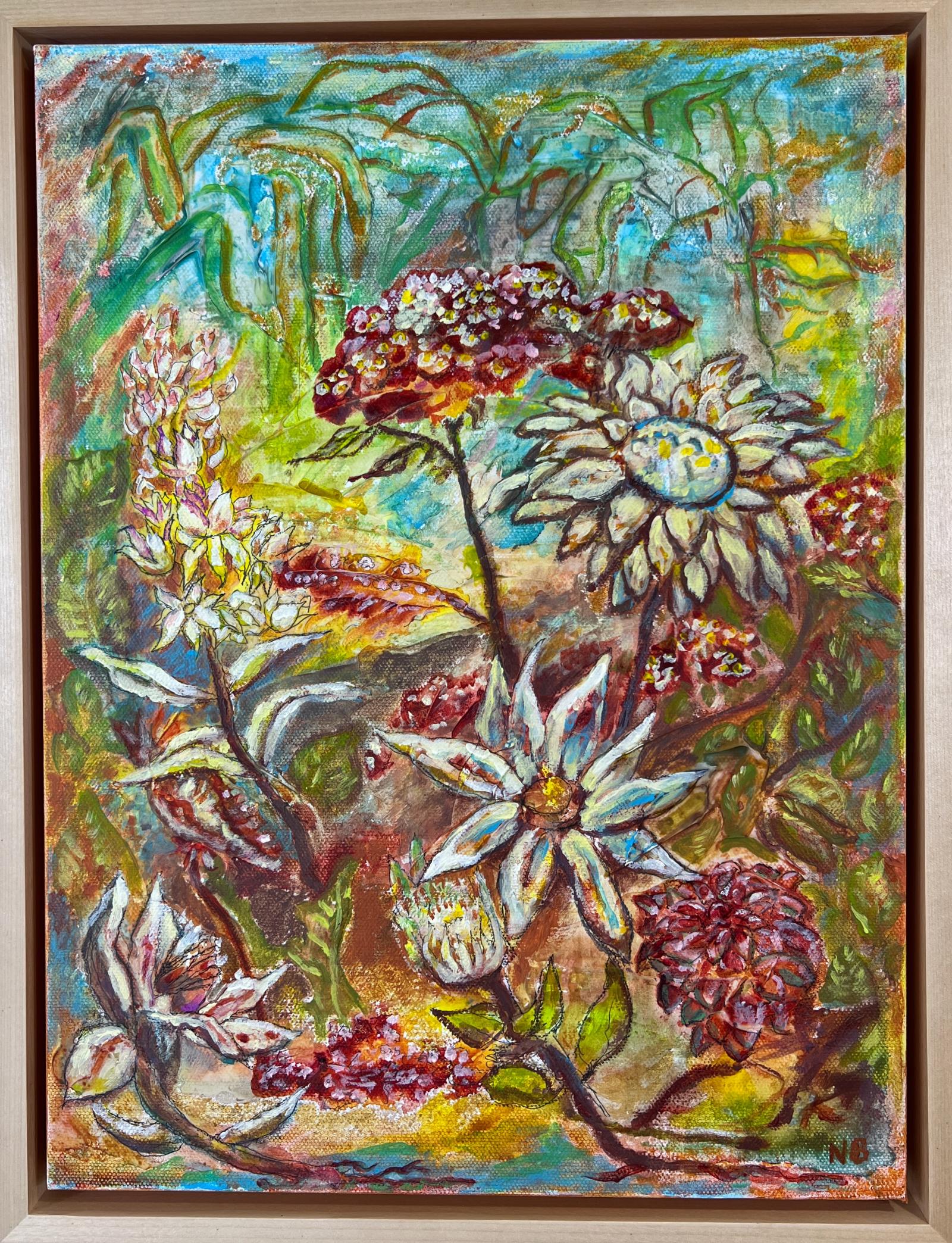 Painting on canvas: Abstract depiction of floral imagery on an imaginary landscape background.