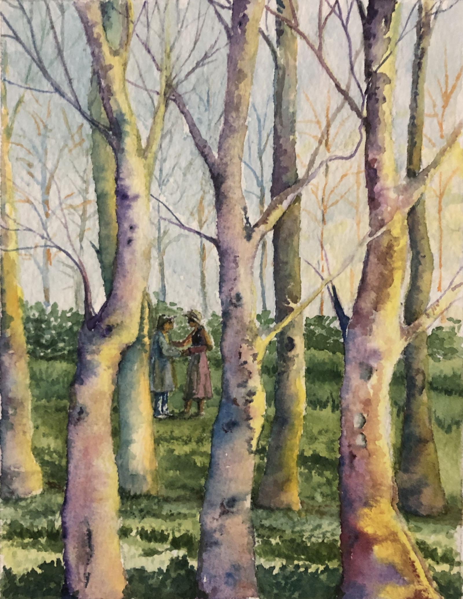 This painting was created during the Covid quarantine when people were encouraged to stay in their own "bubble" of people but some would have clandestine-like meetings with friends. The pair in "The Meeting" are simply friends who needed to see each other so they meet outside, amongst the trees; hidden from others' judgement.