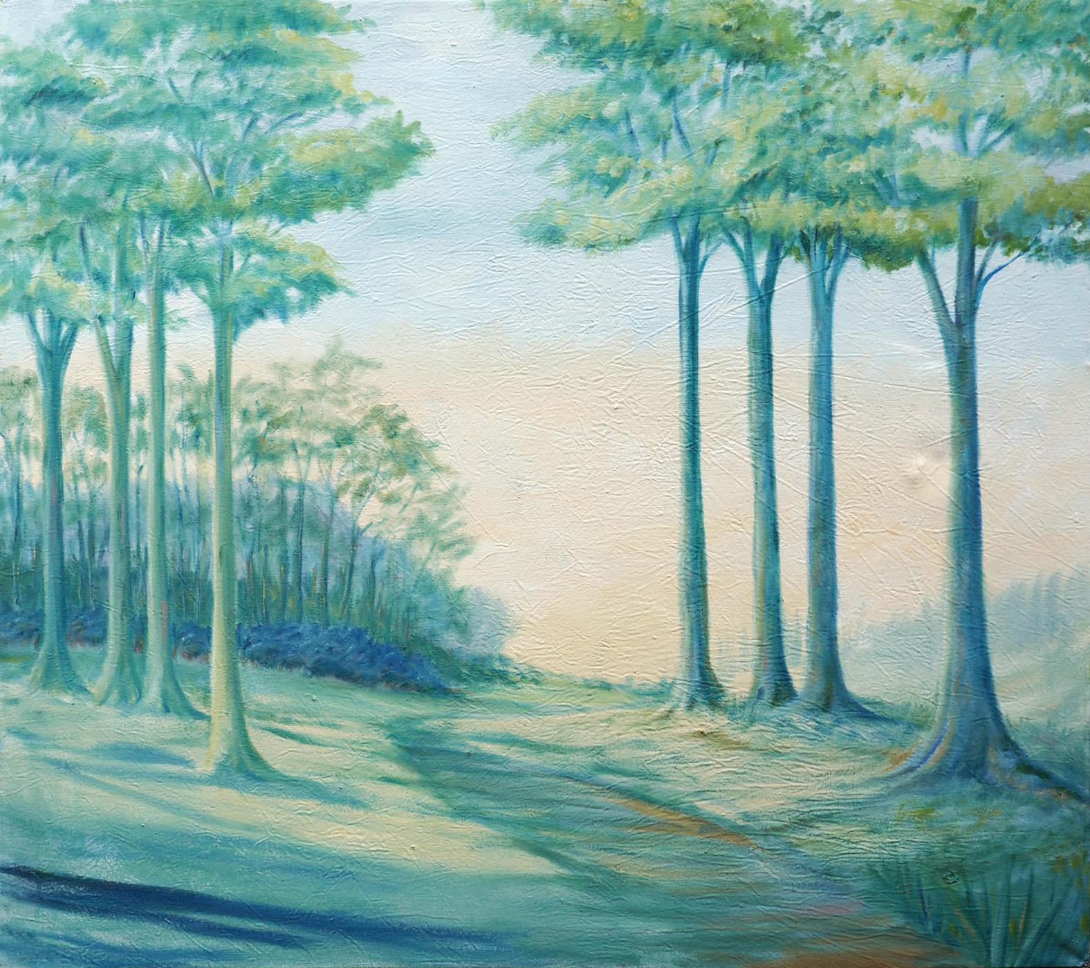 "The Road Home" is a hopeful painting. Colors are calm and trees are high, giving an open and welcoming feeling. One of my larger paintings, I want the viewer to feel as though they can just step into this painting and follow the path to a place we cannot see, we can only imagine.