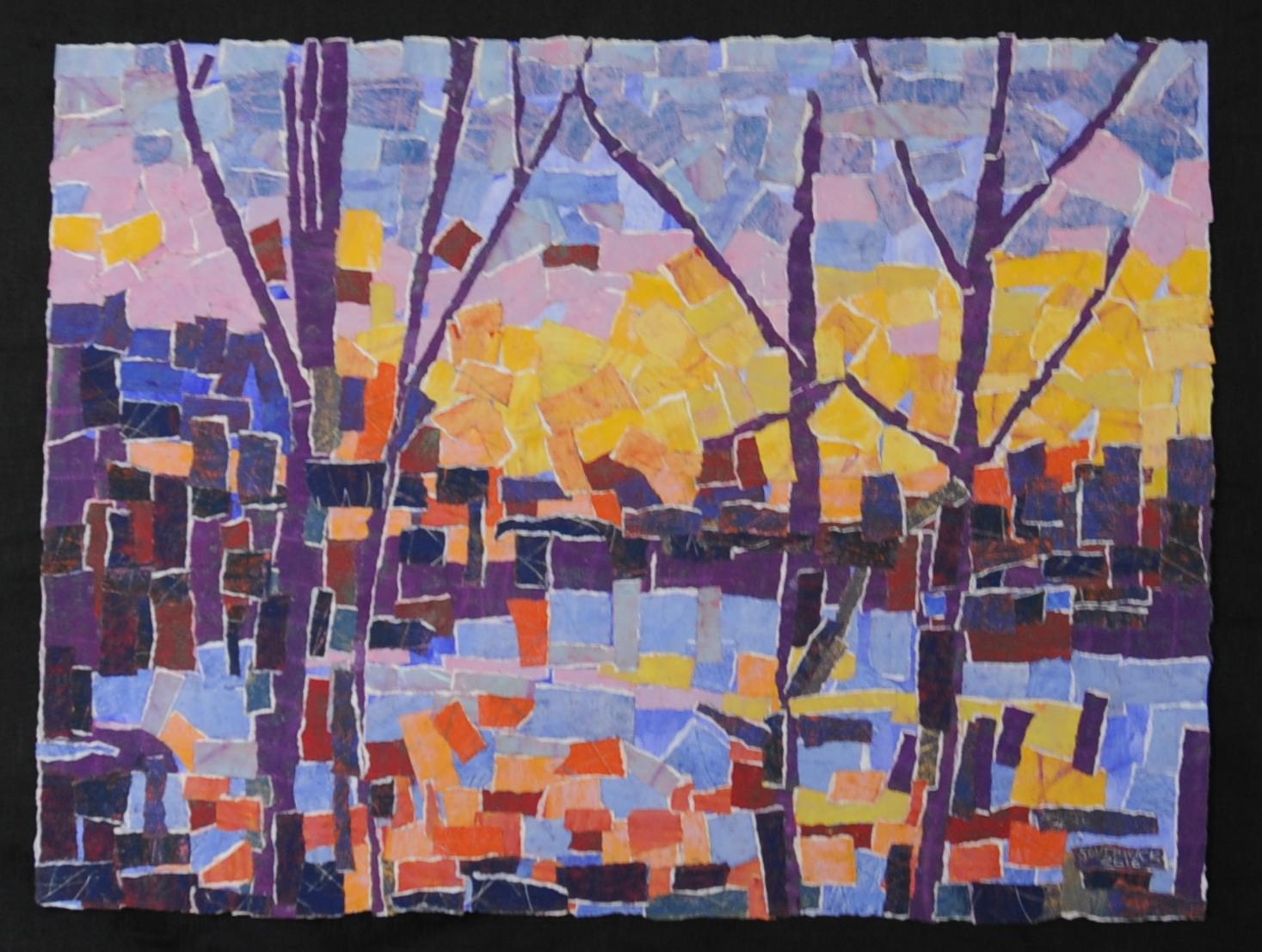 The sunset was so amazing one day when I was driving home that I had to pull over and take a photo.  I interpreted the photo with this collage of hand torn colored paper.