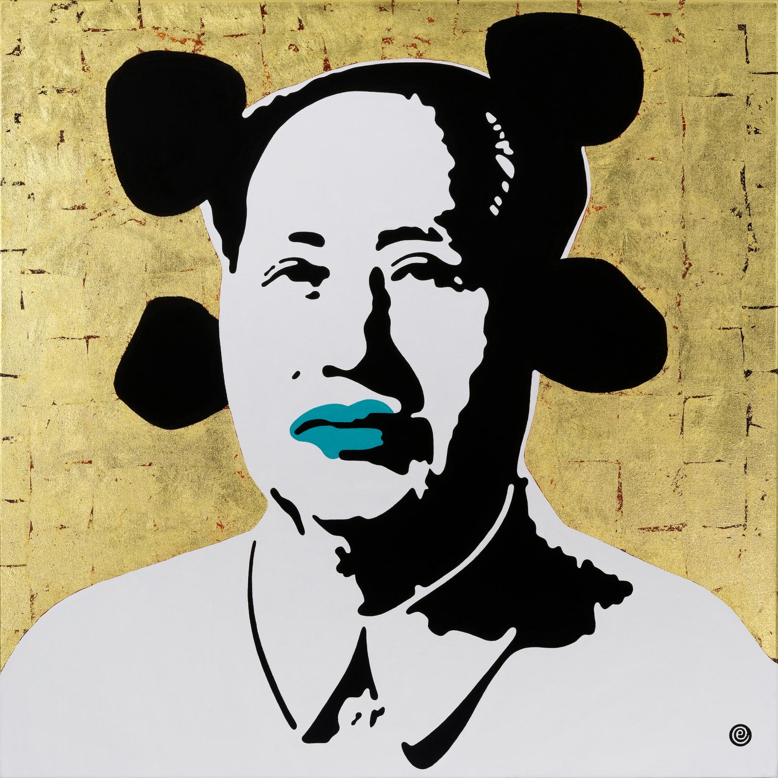 "Supermaose" represents power. Great powerful leaders use their powers for all good. They also have the ability to laugh at themselves. Those who abuse their power do not. That´s why they are laughed at, not with.
I paint portraits of people who have made an impact on me on our society. I paint oil on canvas and on this painting I used 23K gold leaf.