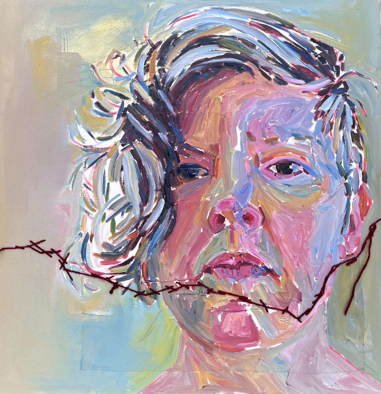 In 2022 Deborah Tomlin was diagnosed with breast cancer from a routine mammogram. Tomlin underwent treatment which consisted of three different surgeries including a bilateral mastectomy. Recovery from these surgeries required her to examine herself closely to integrate the new physical and emotional self. In these portraits Tomlin does not shy away from the effects of age and medication on the face but instead features them.
