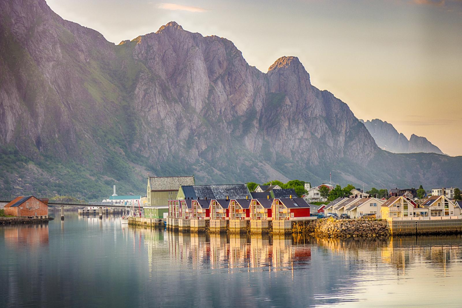 Golden hour view of the fishing town of Svolvaer, Norway