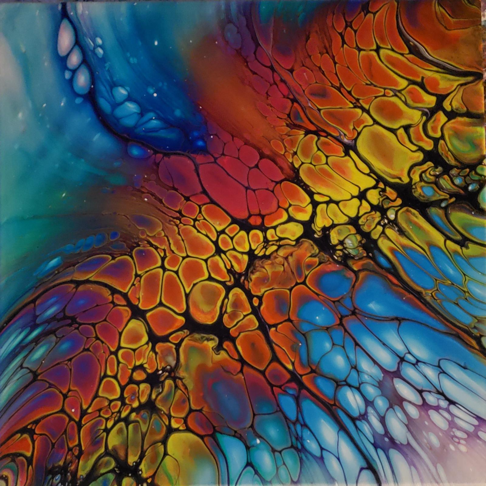 This painting was created using acrylic paint and ColourArte pigment.  The technique is referred to as a "swipe" which pulls the central color over other colors layers to create the "cell" effect.  