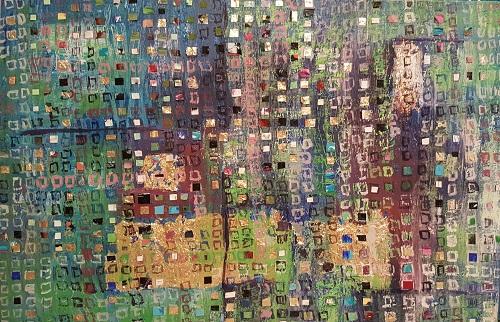 Mixed media painting in cool twilight hues with gold foil and collage elements. The gold foil changes with the light-- soft in the morning, brightly reflective at midday, and seemingly lit from within during the evening.