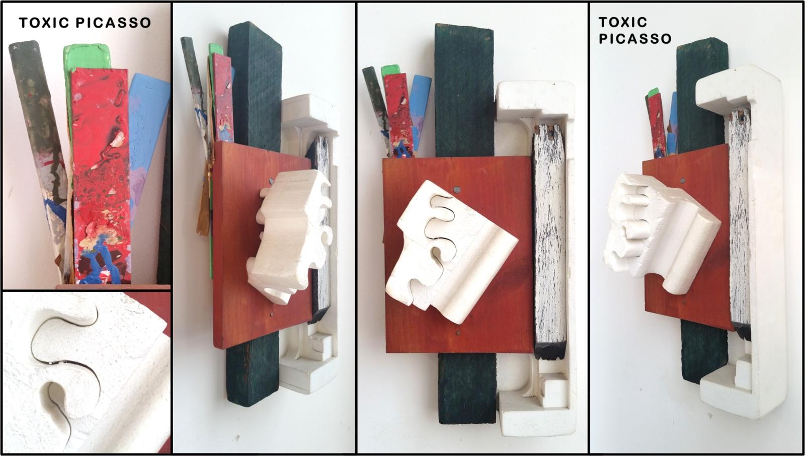 Assemblage-sculpture using found and reworked objects, some remnants from other art production process.