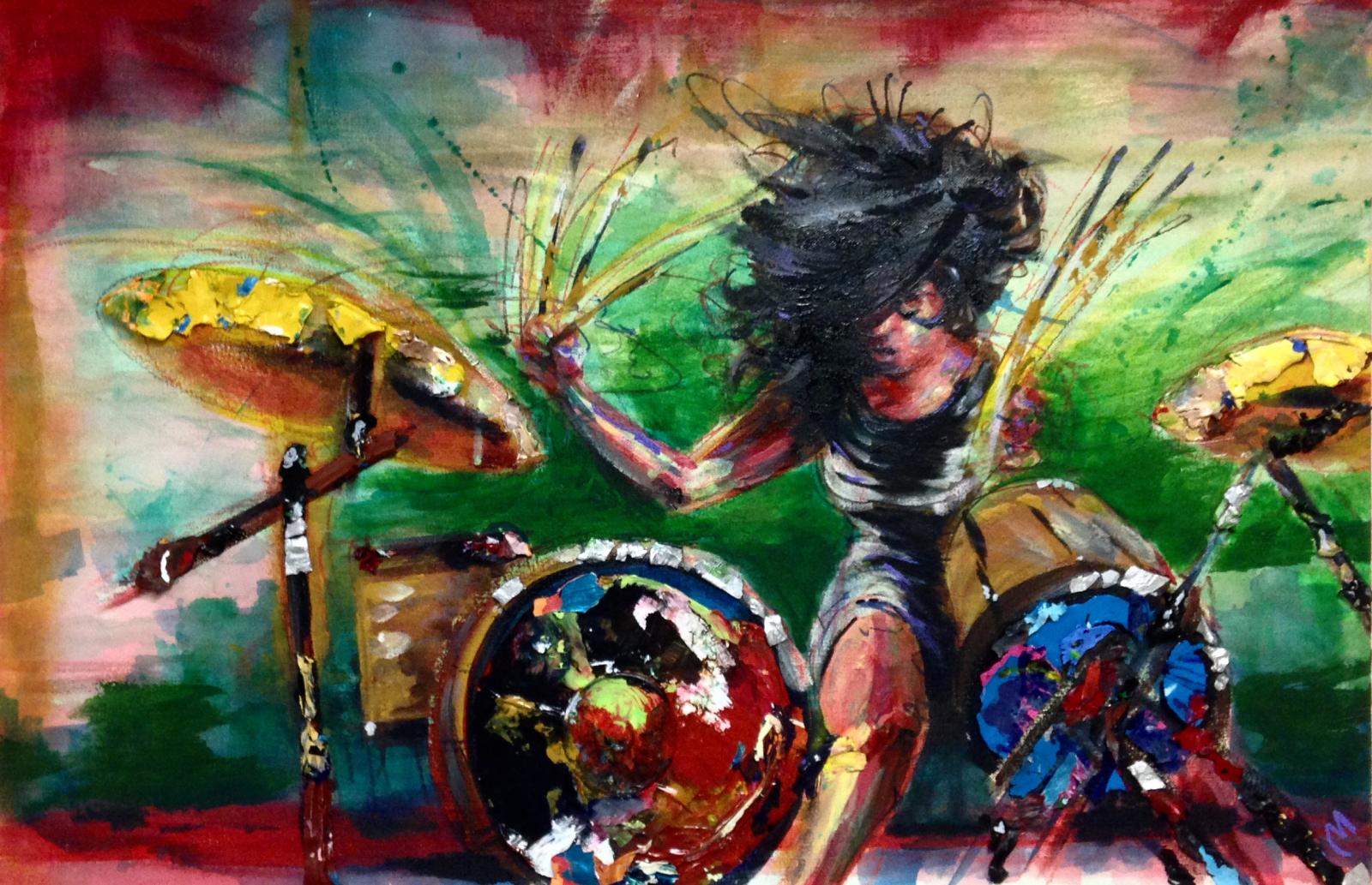 Another in a running series capturing live concert musicians in paint. This was one of the first to marry reclaimed acrylic paint peels with more traditional painting.