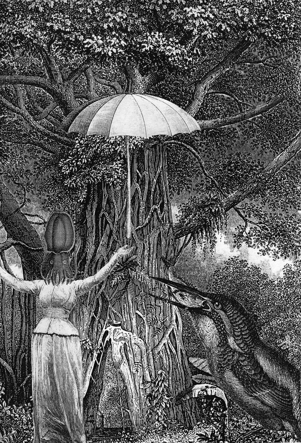 Paper collage utilizing copies of nineteenth century engraving images.