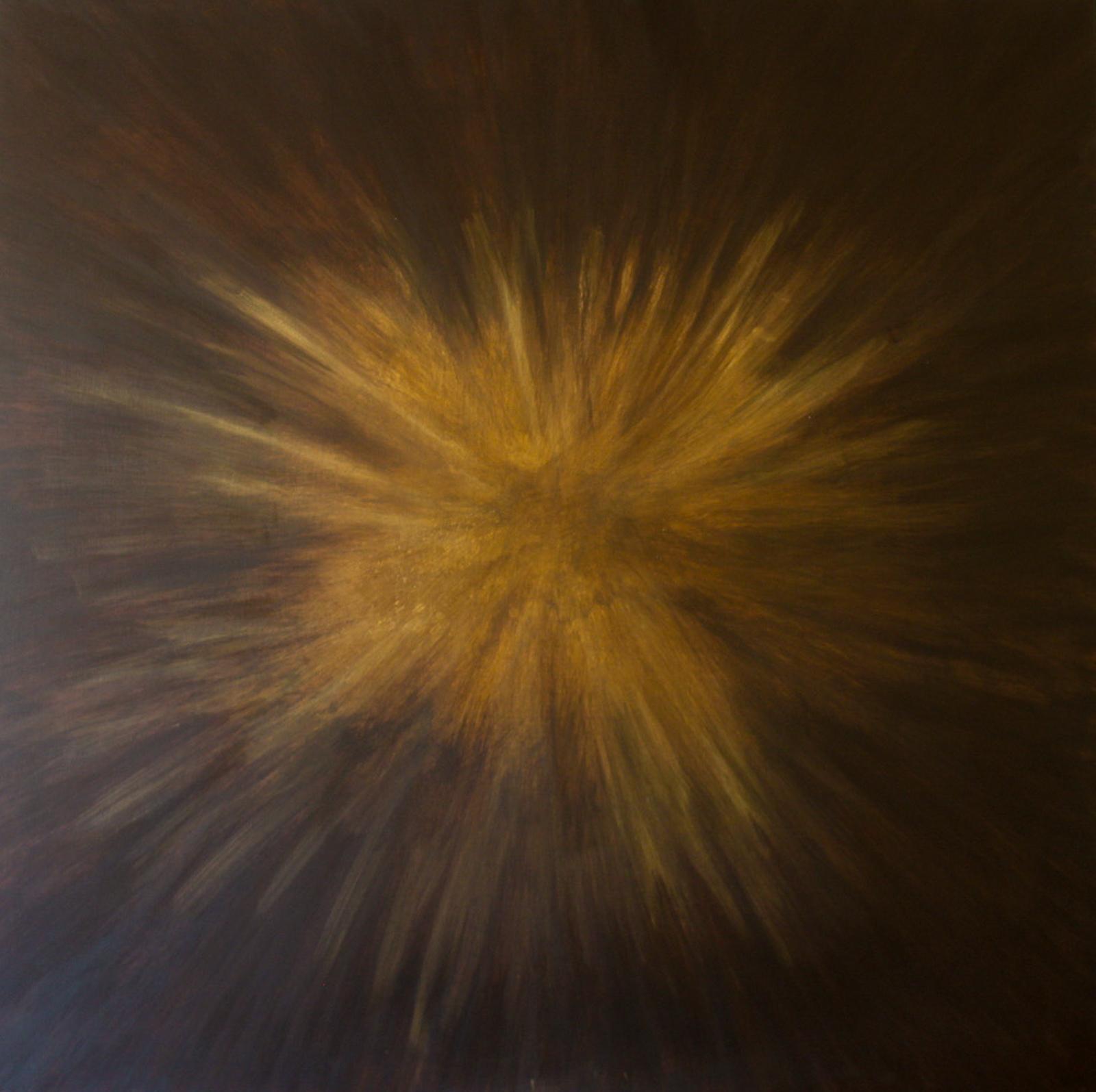 A burst of golden yellow feathery brushstrokes emanates from the center of a burnt umber background panel. Light, shimmering gold accents.